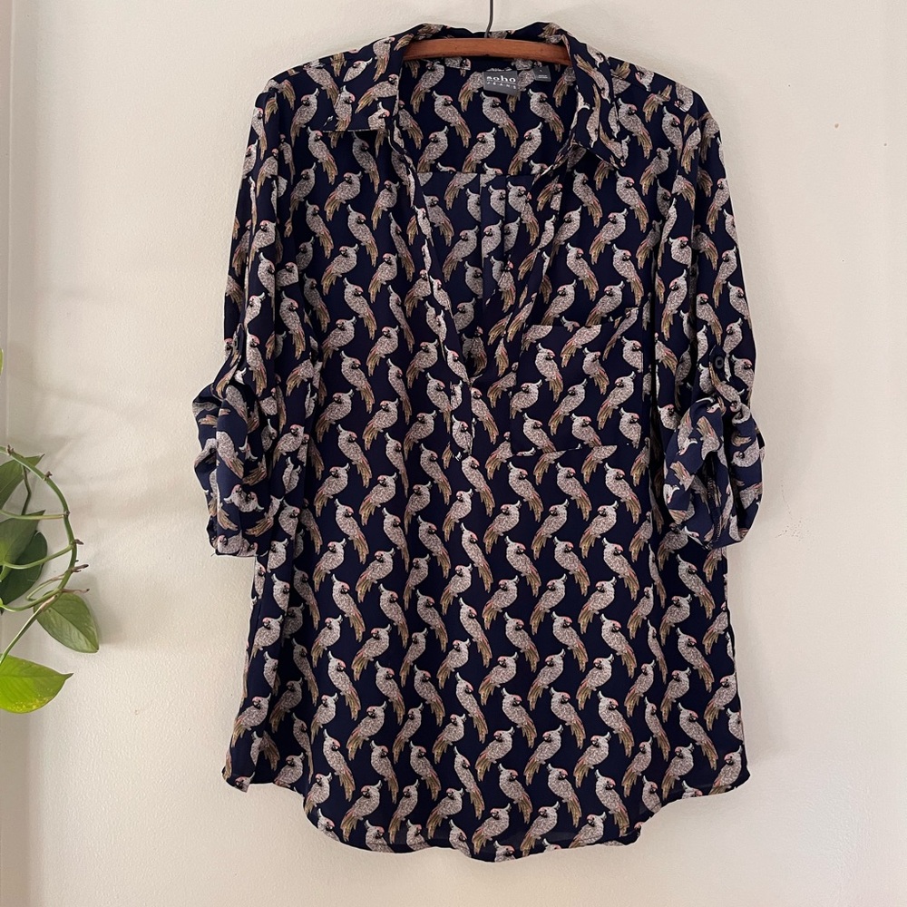 Soho Jeans Blue Parrot Maximalist Blouse Sheer Size L